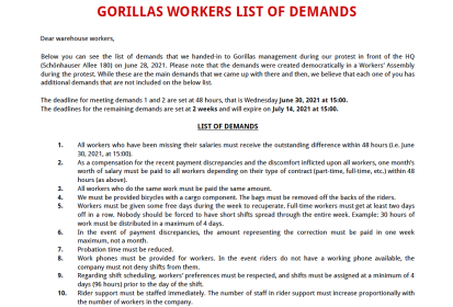 Forderungen der Arbeiterinnen und Arbeiter beim Gorillas Lieferdienst (PNG)